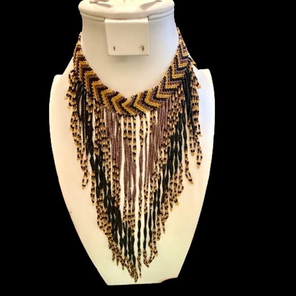 African Tribal Beaded Bib Statement Necklace - Picture 5 of 6